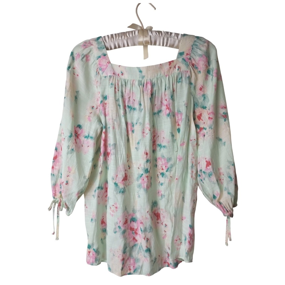 Lauren Conrad Floral Square Neck Puff‎ Sleeve Blouse Mint Green Pink XS Easter